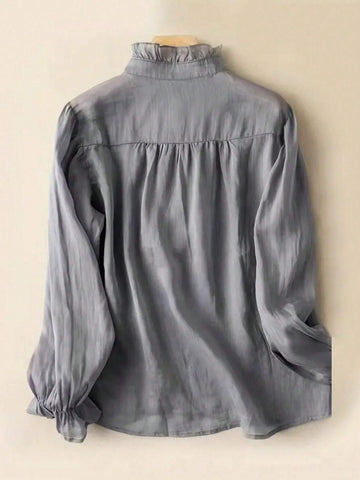 Women Leisure Solid Color Stand Collar Ruffle Sleeve Shirt