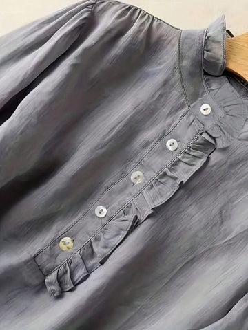 Women Leisure Solid Color Stand Collar Ruffle Sleeve Shirt