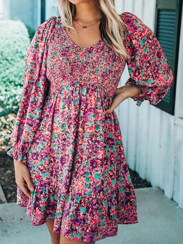 Women Leisure Vacation Small Floral Dress With Gathered Waist And Ruffle Sleeves