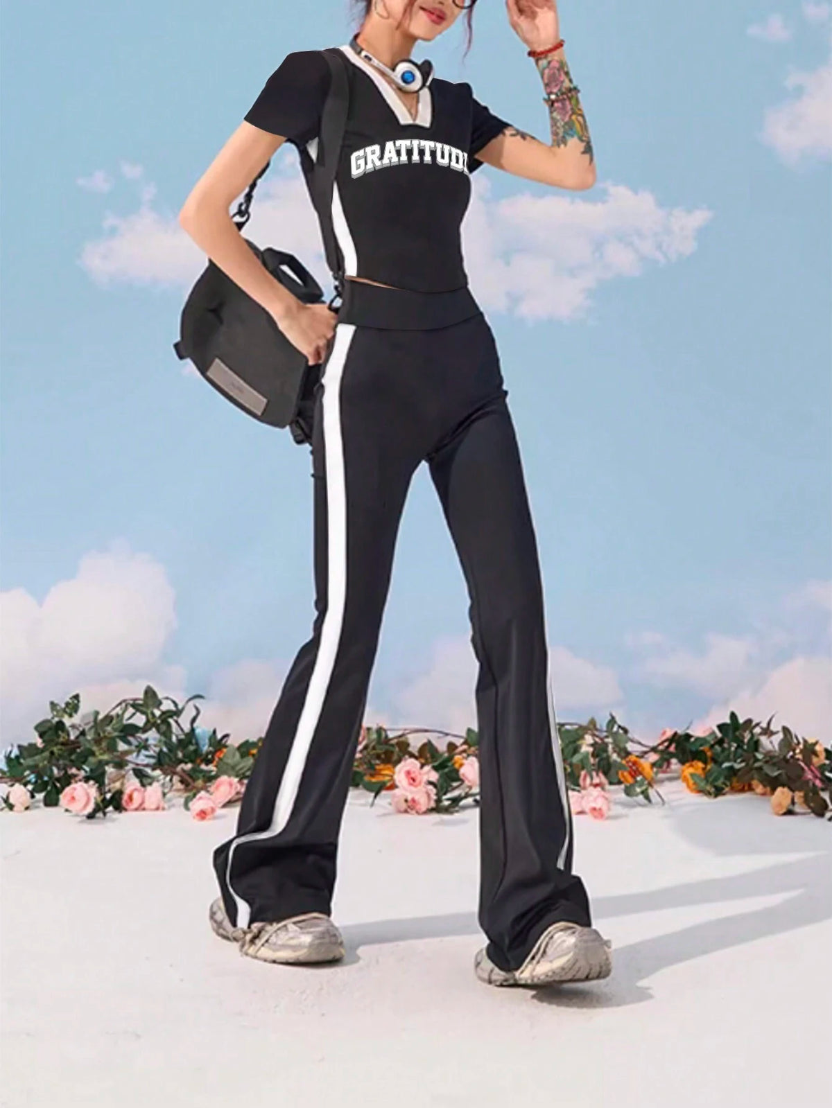 Women Letter Print V-Neck Spring/Summer Short Sleeve T-Shirt And Side Stripe Flared Pants Two-Piece Set