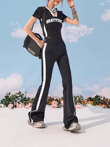 Women Letter Print V-Neck Spring/Summer Short Sleeve T-Shirt And Side Stripe Flared Pants Two-Piece Set