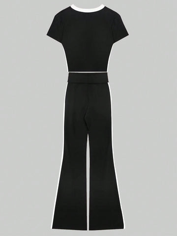 Women Letter Print V-Neck Spring/Summer Short Sleeve T-Shirt And Side Stripe Flared Pants Two-Piece Set