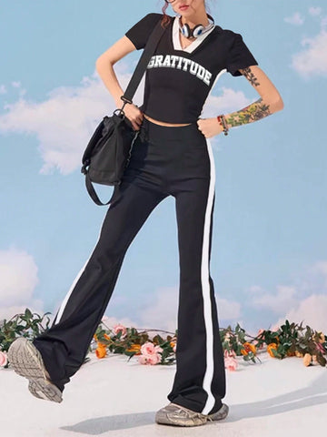 Women Letter Print V-Neck Spring/Summer Short Sleeve T-Shirt And Side Stripe Flared Pants Two-Piece Set