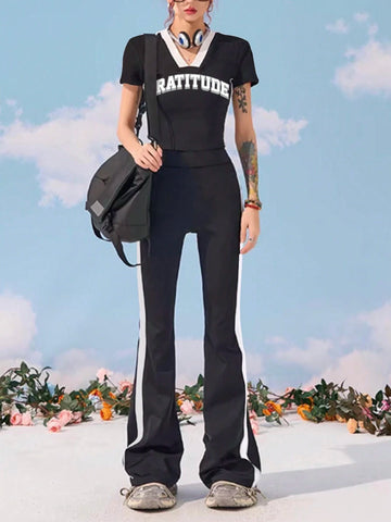 Women Letter Print V-Neck Spring/Summer Short Sleeve T-Shirt And Side Stripe Flared Pants Two-Piece Set