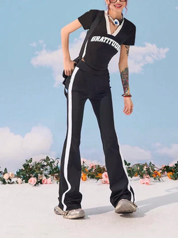 Women Letter Print V-Neck Spring/Summer Short Sleeve T-Shirt And Side Stripe Flared Pants Two-Piece Set