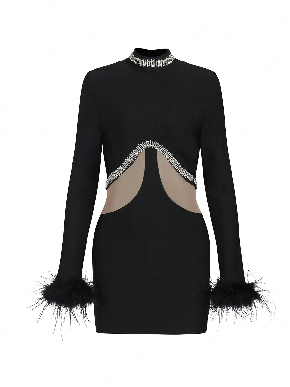 Women Long Sleeve Feather Embellished Handmade Mesh Bodycon Dress With Crystals For Cocktail Party And Banquet, Sexy Black Bandage Dress For Noblewomen