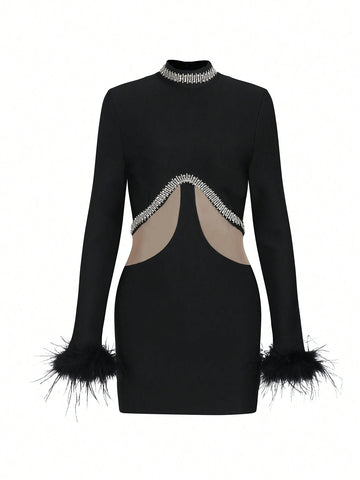 Women Long Sleeve Feather Embellished Handmade Mesh Bodycon Dress With Crystals For Cocktail Party And Banquet, Sexy Black Bandage Dress For Noblewomen