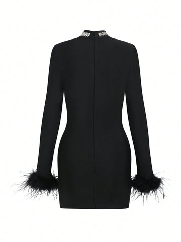 Women Long Sleeve Feather Embellished Handmade Mesh Bodycon Dress With Crystals For Cocktail Party And Banquet, Sexy Black Bandage Dress For Noblewomen