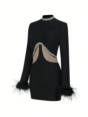Women Long Sleeve Feather Embellished Handmade Mesh Bodycon Dress With Crystals For Cocktail Party And Banquet, Sexy Black Bandage Dress For Noblewomen