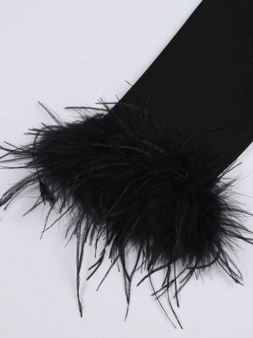 Women Long Sleeve Feather Embellished Handmade Mesh Bodycon Dress With Crystals For Cocktail Party And Banquet, Sexy Black Bandage Dress For Noblewomen