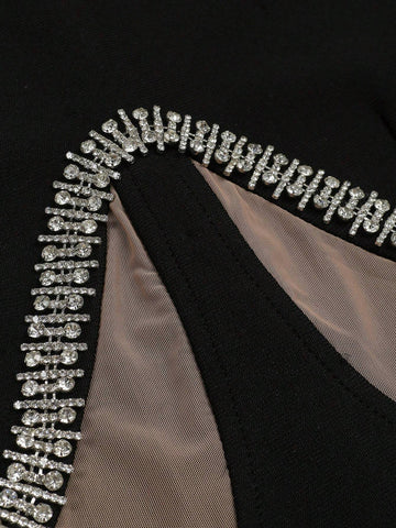 Women Long Sleeve Feather Embellished Handmade Mesh Bodycon Dress With Crystals For Cocktail Party And Banquet, Sexy Black Bandage Dress For Noblewomen