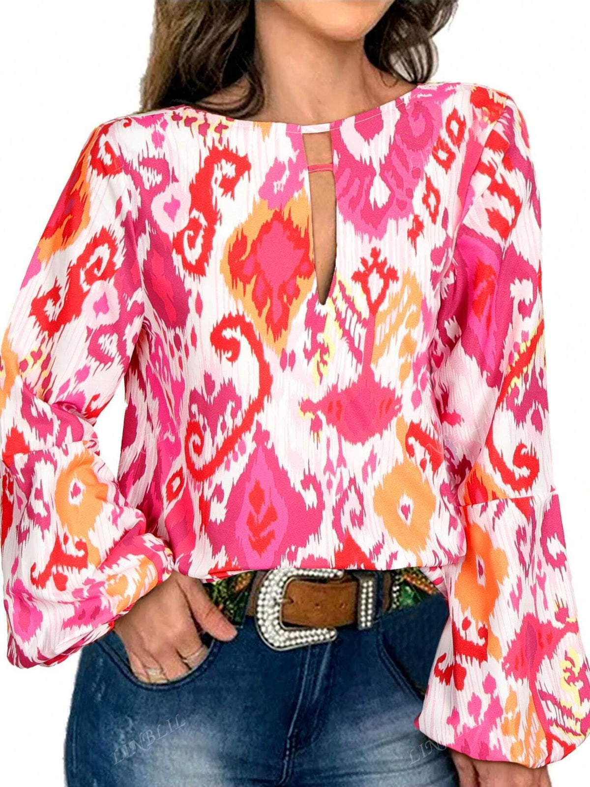 Women Long Sleeve Hollow Floral Print Blouse