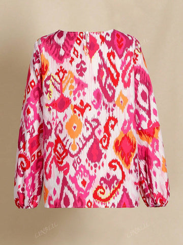 Women Long Sleeve Hollow Floral Print Blouse