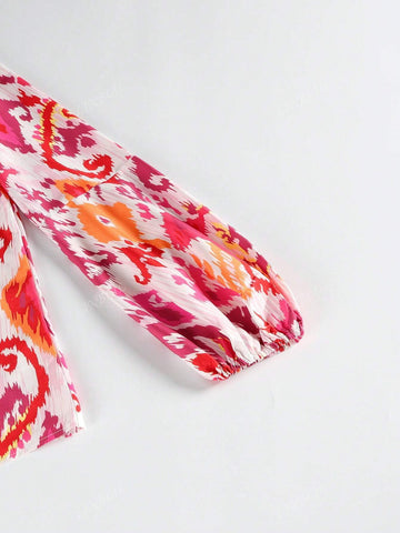 Women Long Sleeve Hollow Floral Print Blouse