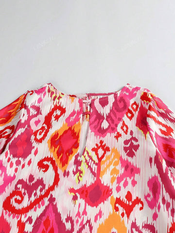 Women Long Sleeve Hollow Floral Print Blouse