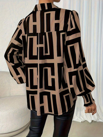 Women Long Sleeve Printed Stand Collar Blouse With Lantern Sleeves