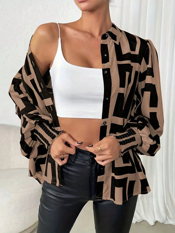 Women Long Sleeve Printed Stand Collar Blouse With Lantern Sleeves