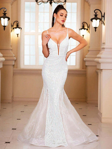 Women Long White V-Neck Spaghetti Strap Mesh Wedding Dress