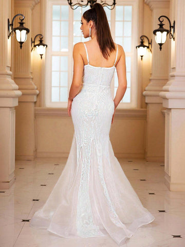 Women Long White V-Neck Spaghetti Strap Mesh Wedding Dress