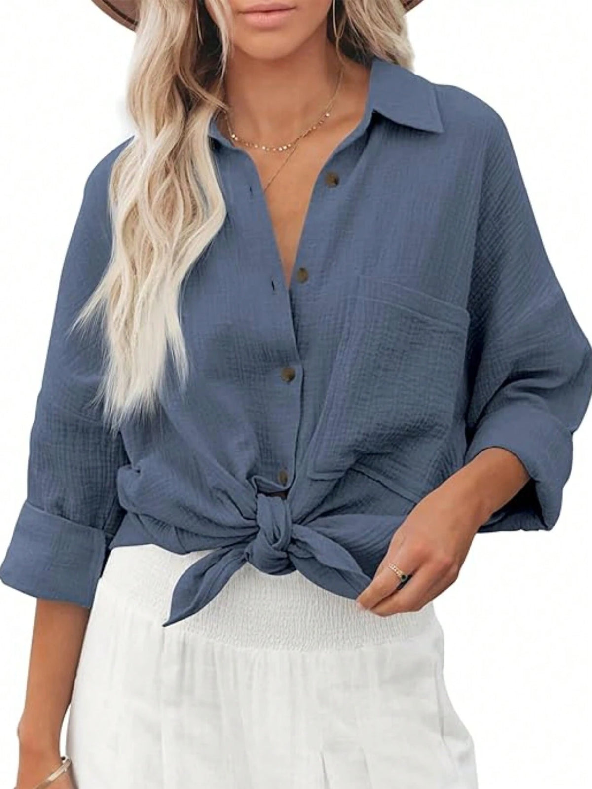 Women Loose Fit Solid Color Drop Shoulder Casual Shirt