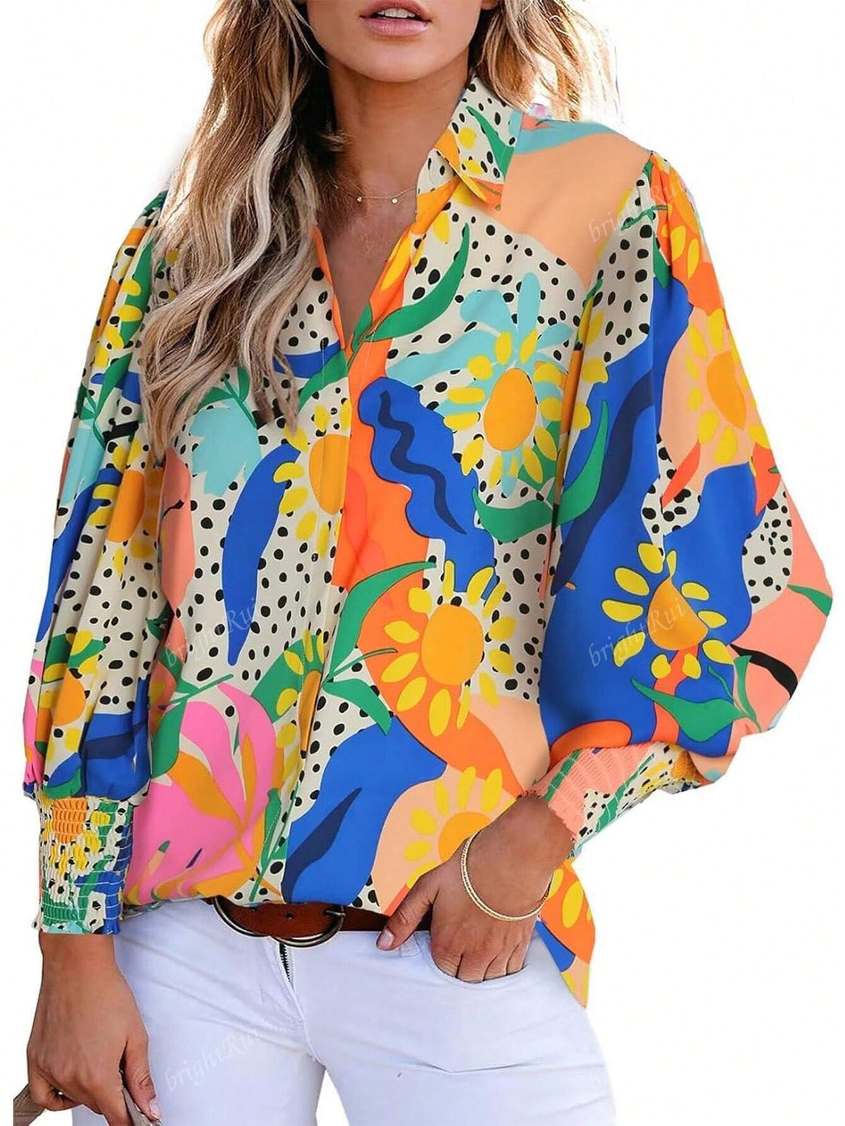 Women Loose Fit V-Neck Shirt With Floral Print Lantern Sleeves