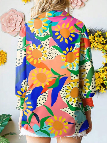 Women Loose Fit V-Neck Shirt With Floral Print Lantern Sleeves