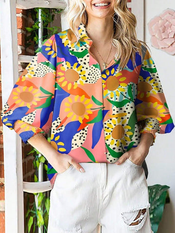 Women Loose Fit V-Neck Shirt With Floral Print Lantern Sleeves