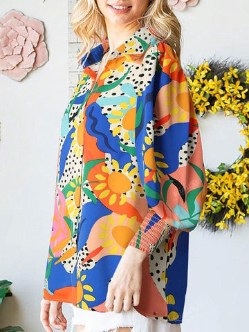 Women Loose Fit V-Neck Shirt With Floral Print Lantern Sleeves