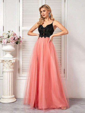Women Mesh Bow Detail Decorated Evening Party Dress (Heavy Style)