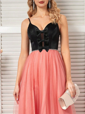 Women Mesh Bow Detail Decorated Evening Party Dress (Heavy Style)