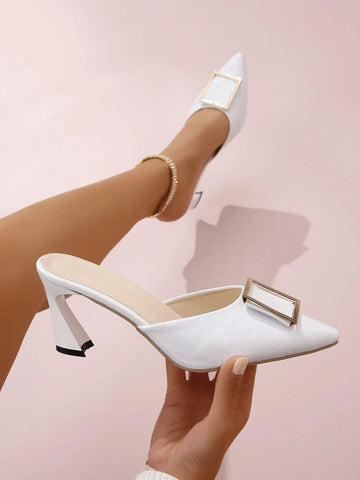 Women Metal Decor Sculptural Heeled Pumps, Fashion White Mule Pumps