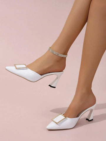 Women Metal Decor Sculptural Heeled Pumps, Fashion White Mule Pumps