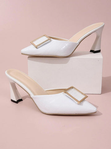 Women Metal Decor Sculptural Heeled Pumps, Fashion White Mule Pumps