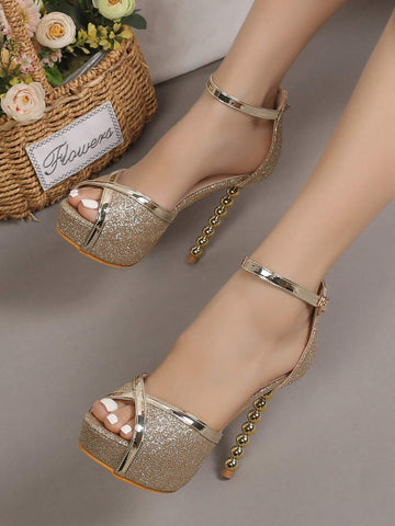 Women Metallic Detail Sculptural Heeled Ankle Strap Sandals, Glamorous Party Glitter Heeled Sandals