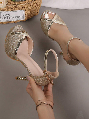 Women Metallic Detail Sculptural Heeled Ankle Strap Sandals, Glamorous Party Glitter Heeled Sandals