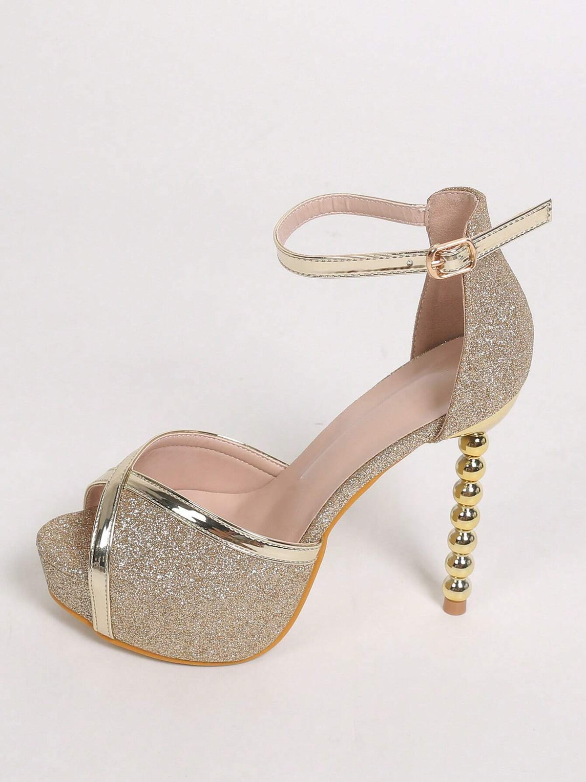 Women Metallic Detail Sculptural Heeled Ankle Strap Sandals, Glamorous Party Glitter Heeled Sandals