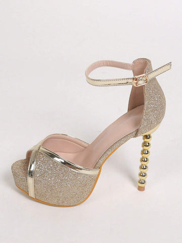 Women Metallic Detail Sculptural Heeled Ankle Strap Sandals, Glamorous Party Glitter Heeled Sandals