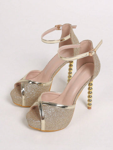 Women Metallic Detail Sculptural Heeled Ankle Strap Sandals, Glamorous Party Glitter Heeled Sandals