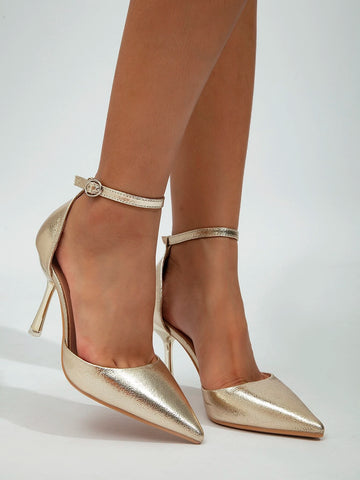 Women Metallic Point Toe Stiletto Heeled Pumps, Fashionable Golden Party Ankle Strap Pumps