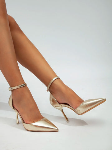 Women Metallic Point Toe Stiletto Heeled Pumps, Fashionable Golden Party Ankle Strap Pumps