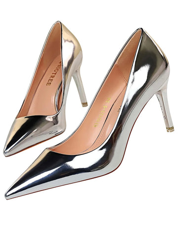 Women Metallic Point Toe Stiletto Heeled Pumps, Glamorous Party Artificial Patent Leather Court Pumps