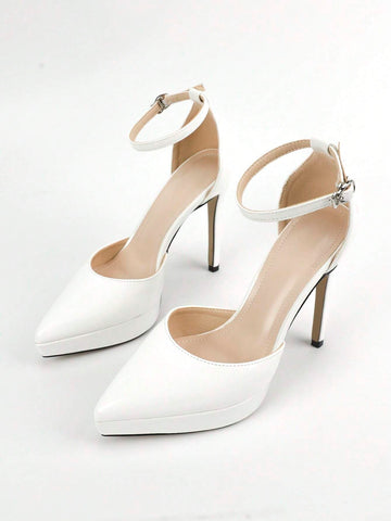 Women Minimalist Ankle Strap Pumps, Artificial Patent Leather Point Toe Stiletto Heeled Elegant Pumps