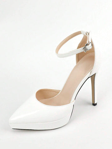 Women Minimalist Ankle Strap Pumps, Artificial Patent Leather Point Toe Stiletto Heeled Elegant Pumps
