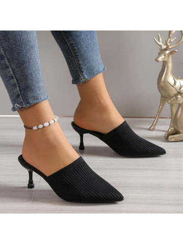 Women Minimalist Point Toe Stiletto Heeled Mule Pumps, Elegant Black Fabric