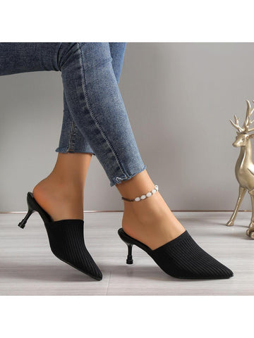 Women Minimalist Point Toe Stiletto Heeled Mule Pumps, Elegant Black Fabric