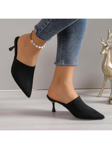 Women Minimalist Point Toe Stiletto Heeled Mule Pumps, Elegant Black Fabric