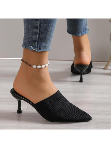 Women Minimalist Point Toe Stiletto Heeled Mule Pumps, Elegant Black Fabric