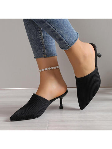 Women Minimalist Point Toe Stiletto Heeled Mule Pumps, Elegant Black Fabric