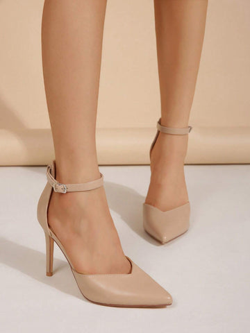 Women Minimalist Point Toe Stiletto Heeled Pumps, Elegant Apricot Ankle Strap Pumps