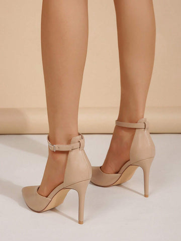 Women Minimalist Point Toe Stiletto Heeled Pumps, Elegant Apricot Ankle Strap Pumps
